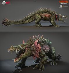 two different views of the same godzilla type creature, one in red and one in green