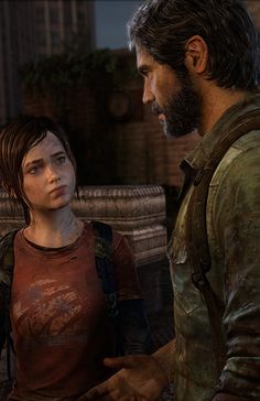 two people standing next to each other on a bridge in the video game the last of us