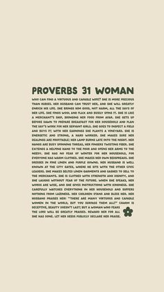 the back cover of proverbs 31 woman, written in green ink on a beige background