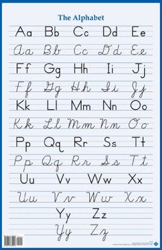 the alphabet is written in cursive writing on lined paper with blue border and black letters