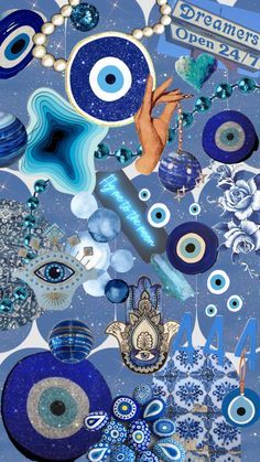 an abstract painting with blue and white designs on it's sides, including the eyeballs