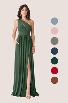 a woman in a long green dress with one side slit and two different color options