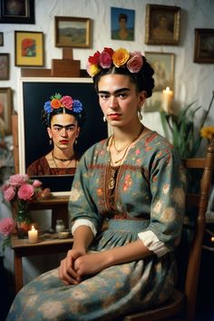 a woman sitting in front of a painting with flowers on her head