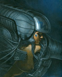 a painting of a woman wearing a futuristic helmet