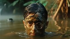 a man with glasses is swimming in the water