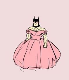 a drawing of a woman in a pink dress wearing a batman mask on her head