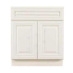 a white cabinet with two doors and drawers