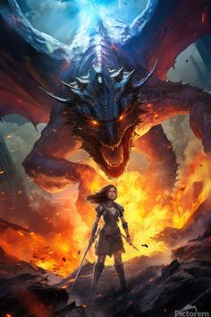 a woman standing in front of a dragon on top of a fire filled field with flames