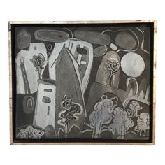 a black and white painting with various objects on it