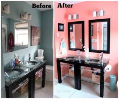 before and after photos of a bathroom with pink walls, black countertop sink and mirror