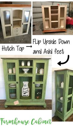 an old hutch has been transformed into a diy display cabinet with glass doors