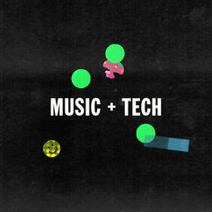 the words music and tech are displayed in front of an image of green balls on a black background