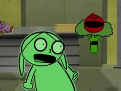 an animated image of a cartoon character with broccoli in the foreground, and another figure behind it