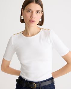 J.Crew: Perfect-fit Elbow-sleeve T-shirt With Buttons For Women White Workout Top, White Sleeveless Blouse, Jcrew Women, T-shirts & Tank Tops, Elbow Sleeve, Puff Sleeve Top, Plus Size Blouses, Gold Buttons, Shirt White