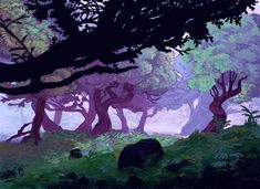 a painting of trees in the forest with purple and green colors on it's walls