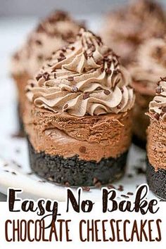 easy no bake chocolate cheesecakes on a white plate with text overlay