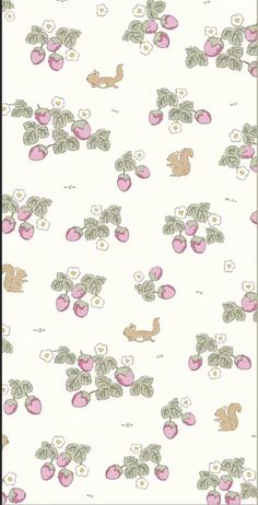 a white wallpaper with pink and green flowers on it's sides, including an apple tree