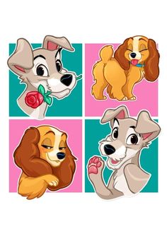 four cartoon dogs with different expressions on their faces, one has a rose in its mouth