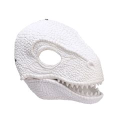 a white plastic dinosaur mask with teeth