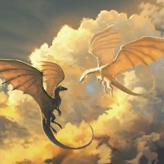 two large white dragon flying through the air next to each other on a cloudy day