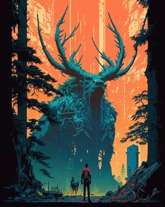 a man standing next to a giant deer in the middle of a forest with tall trees