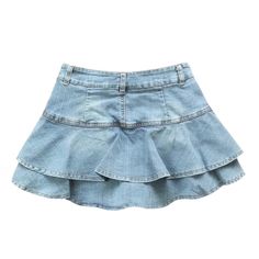 Kawaii Jean Skirt, Jean Ruffle Skirt Outfit, Jean Skirt With Ruffles, Ruffle Jean Skirt Outfits, Jean Skirt Ruffle, Light Wash Denim Skirt, Layered Denim Skirt, Coquette Jean Skirt, Denim Ruffle Skirt Outfit