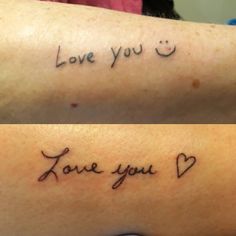 two pictures of the same tattoo on someone's arm, one with love you written on it