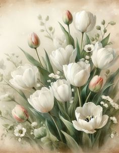 a painting of white and pink tulips on a beige background