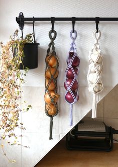some fruit hanging on a wall next to a potted plant and an iron rack