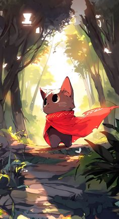 a cat with a red cape is walking through the woods