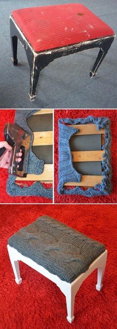 Como restaurar uma banqueta usando blusa de lã ~ Artesanato na Pratica Upcycled Furniture, Repurposed Furniture, Deco Originale, Old Sweater, Furniture Hacks, Décor Diy, Redo Furniture, Diy Projects To Try, Furniture Projects