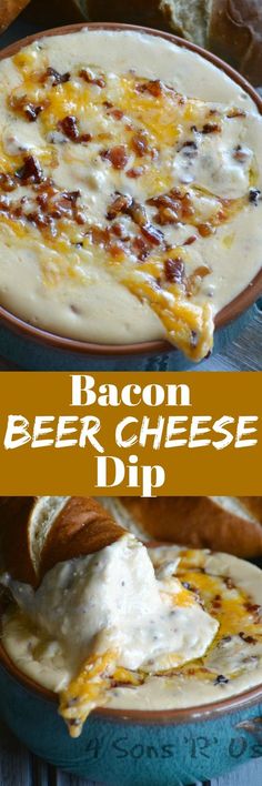 bacon beer cheese dip in a bowl with bread