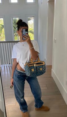 Ovo Outfit Women, Watching Game Outfit, Lv Denim Bag Outfit, Swap Meet Outfit, Classy Cool Outfits, Morning Outfit Summer, Opiumcore Aesthetic Outfit, Skater Jeans Outfit Women, Bra Over Shirt Outfit