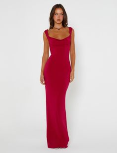 ZITA DRESS - RED : SALSA : DEEP RED Prom Dress Fuchsia, Cute Red Dresses Long, Red Christmas Dress Long, Red Revenge Dress, Dark Red Wedding Guest Dress, Prom Guest Dress, Prom Dress For Small Chest, Tight Red Dress Long, Formsl Dress