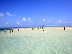 people are standing in shallow water on the beach