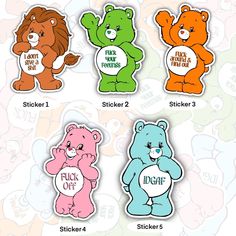 four different colored teddy bears with stickers on them