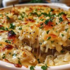 a casserole dish with cheese and parmesan toppings in a white bowl