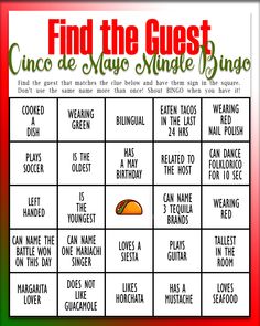 a game board with the words find the guest and other things to do on it