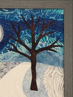 a painting of a tree in the middle of a snowy landscape with a full moon