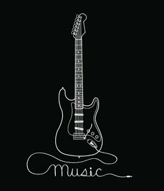 an electric guitar with the words music written in white ink on a black background illustration