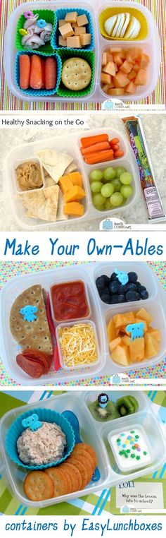two pictures showing different types of food in plastic containers with the words make your own - ables