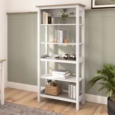 a white book shelf with books on it in a room next to a potted plant