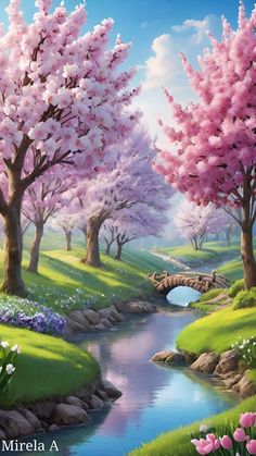 a painting of trees and flowers by a river