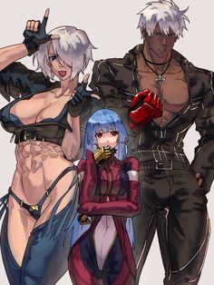 three anime characters posing for the camera with their hands on their hipss and wearing gloves