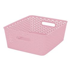 a pink plastic storage basket with holes on the sides and handles, for storing items