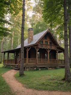 a log cabin in the woods with a path leading to it and a fire place