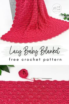 crocheted baby blanket with text overlay that says lacy baby blanket free crochet pattern