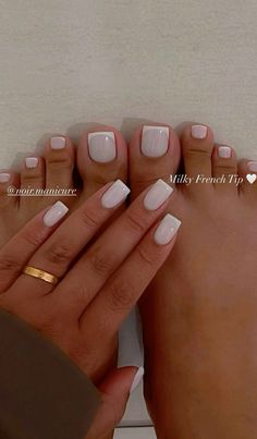 Short Square Manicure Nails, Milky White Tips, Short Classy Nail Ideas, Pedi And Mani Ideas Color Combos, Matching Manicure And Pedicure Ideas, Off White French Nails, Milky White Nails Pedicure, Milky White Nails And Toes, French Vacation Nails