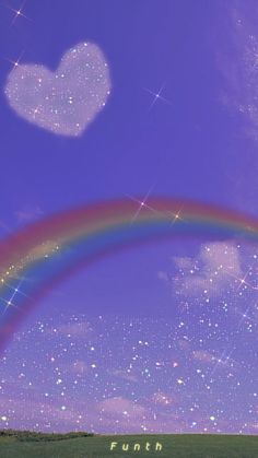 there is a rainbow in the sky with stars above it and a heart shaped cloud