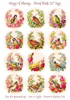 some birds are sitting in the flowers and wreaths on this sticker sheet,